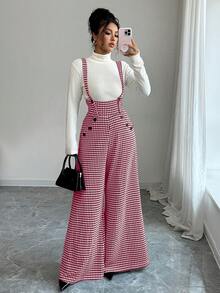 Elenzga Bộ đồ liền thân thường ngày có túi thiết kế nút Houndstooth dành cho nữ - Màu Đỏ Sâu - Xem 7