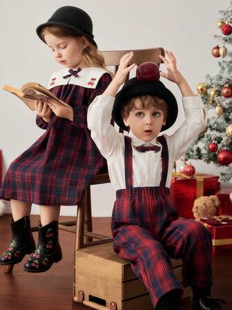 PrepCrw 男童学院风领结装饰长袖纽扣衬衫和格子背带裤套装