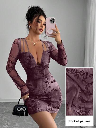 Modelyn Sexy Mesh Jacquard Hollow-Out Long Sleeve Women Dress
