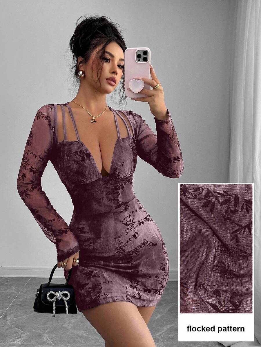Modelyn Sexy Mesh Jacquard Hollow-Out Long Sleeve Women Dress - Red Violet - View 1
