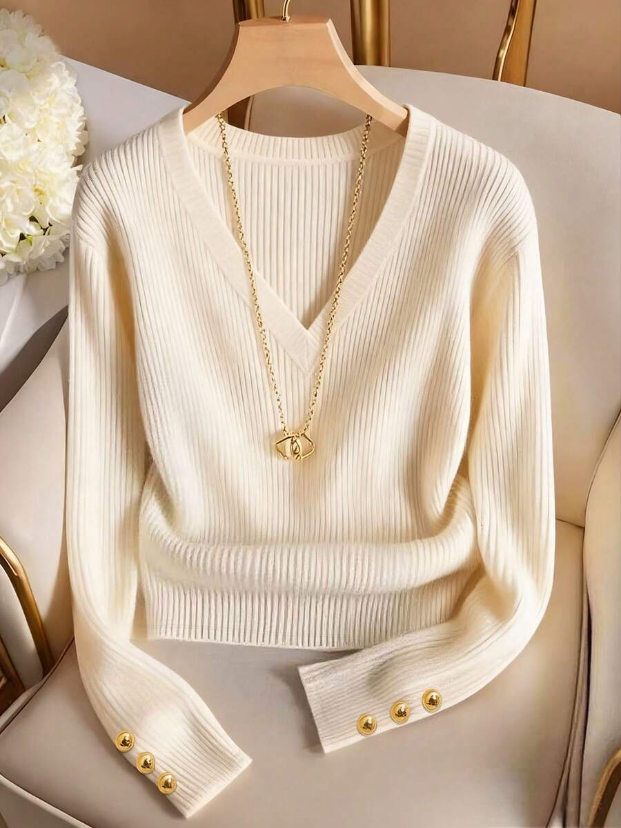 Franclia Áo thun dệt kim trơn màu cổ chữ V thanh lịch, áo dệt kim thời trang tối giản - Màu be - Xem 1