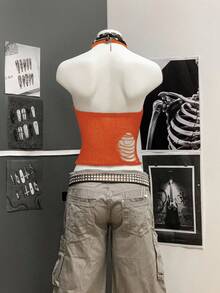 StreetHx Women's Streetwear Solid Black Hollow Out Crochet Sleeveless Knit Top - Orange - View 2