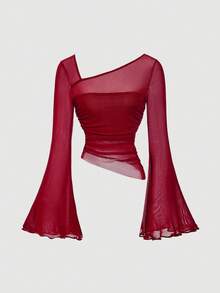 SHEIN MOD Women's Red Mesh Fitted Flare Sleeve Top Asymmetrical Neckline Ruched Detail - Burgundy - View 1