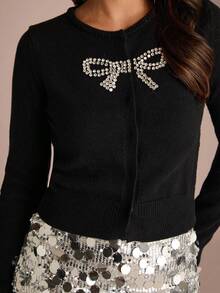Enchnt Cardigan tricoté décoré de nœud papillon avec strass pailleté noir pour femmes, romantique pour l'automne/hiver. Chic, élégant et pour les fêtes, les sorties, les vacances, la remise des diplômes, Halloween et Noël. - Noir - Voir 3