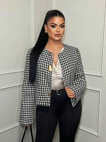 SHEIN SXY Elegant Black & White Plaid Metal Button Long Sleeve Jacket,Winter Clothes For Women,Elegant,Business Casual Outfits Women ,Teacher , Blazer Women ,Houndstooth Jacket ,Classy Outfits Women Outfit Women