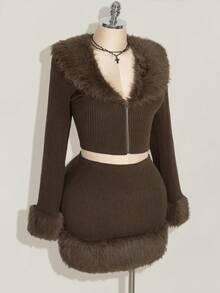 SHEIN ICON Áo len dệt kim dài tay cổ chữ V màu nâu cỡ lớn cho nữ, Bộ 2 món ấm áp, Trang phục thu đông cho nữ, Quần áo mùa đông - Cà phê nâu - Xem 7