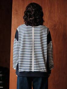 Uhlyne Uhlyne Sudadera holgada de mujer con parches a rayas y contraste de color, top casual de cuello redondo, primavera/otoño - Azul - Ver 4