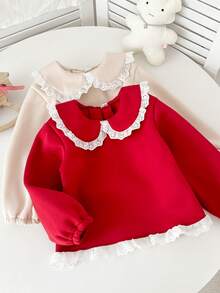 Genkimix Kids 2pcs/Pack Baju Atasan Lengan Panjang 2-in-1 Model Sweatshirt dengan Kerah Ruffle, Bordir, dan Hiasan Renda untuk Anak Perempuan, Warna Krem dan Merah - MultiWarna - View 1