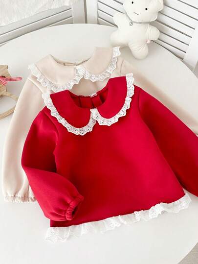 Genkimix Kids 2pcs/Pack Young Girl Christmas Ruffle Collar Emboidery Lace Trim 2-In-1 Long Sleeve Tops Sweatshirts,  Beige And Red Color