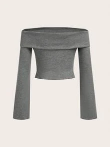 SHEIN EZwear Top moulant à manches longues évasées et épaules dénudées pour femmes, convient pour l'automne/l'hiver - Gris foncé - Voir 3
