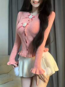 DAZY Áo len nữ thời trang thu đông màu hồng viền bèo nhún, nút cài hình trái tim, dáng ôm, nơ kẻ caro thanh lịch & áo khoác cardigan dệt kim hoa 3D - Hồng - Xem 13