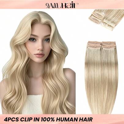 4PCS With 8 Clips Straight Clip In Hair Extensions 100% Real Human Hair Color P76/613# Medium Brown Highlighted Light Blonde 12-18 Inch Double Weft Invisiable Clip Hair Extensions Remy Natural Human Hair For Women Girl Daily Full Head Use