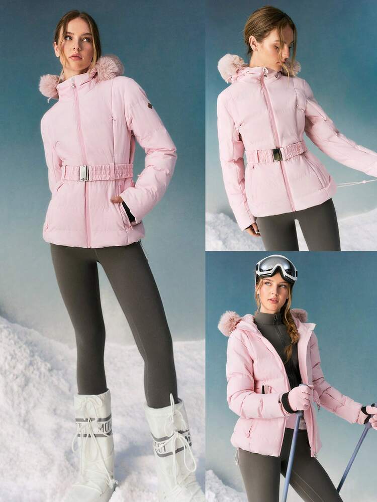 Skiing Collection Slope Side Breathable Water-Repellant Thick Durable Detachable Faux Fur Trim Hood Zippers Pockets Relaxed Fit Belted Puffer Jacket Autumn Winter Outdoors Skiing Wear
