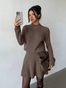 Elenzga Women Loose Casual Round Neck Textured Top And Pleated Skirt 2 Pieces Set - Camel - View 4