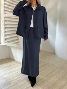 Livesso Conjunto de 2 piezas de chaqueta/camisa informal con bolsillos grandes y cintura con cordón, y falda recta para mujer, estilo de moda casual de calle para el otoño