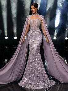 Glamrae 优雅奢华串珠亮片雪纺喇叭袖美人鱼长裙，适合婚礼、派对、度假、舞会、晚礼服 - 灰色 - 查看 7