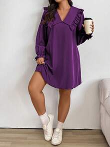 EMERY ROSE Plus Size Women's Elegant Romantic Cute Simple Solid Color Peter Pan Collar Ruffle Sleeve Loose Dress, Spring/Autumn - Purple - View 6