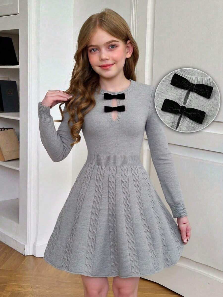 SHEIN Teen Girls' Gray Hollow Bowknot Decor Long Sleeve Knit Casual Dress Autumn Winter Clothes ForGirln - Light Grey - View 1