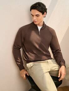 RONVEXI 男士纯色立领半拉链休闲长袖套头毛衣，棕色，冬季 - 彩色 - 查看 6