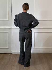Livesso 女士宽松商务休闲时尚优雅高开叉套头针织衫和阔腿针织裤两件套，秋冬 - 深灰色 - 查看 5