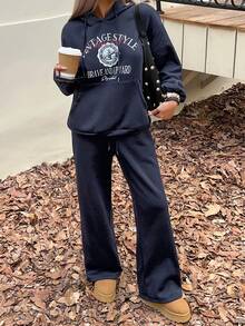 DAZY Women's Letter Print Drop Shoulder Long Sleeve Hoodie With Pocket & Drawstring, Casual 2 Pieces Set, Autumn/Winter