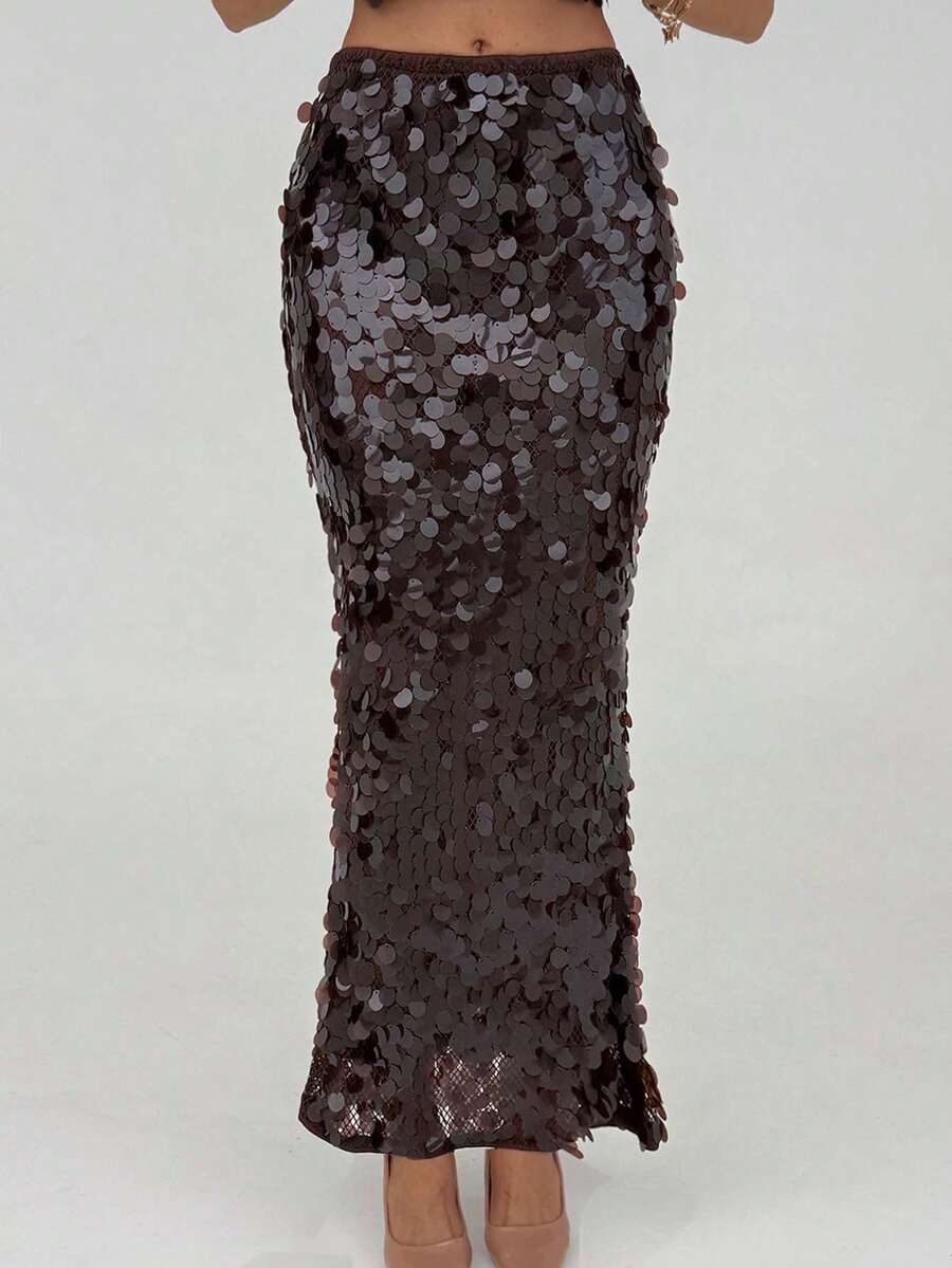 Aloruh Women's Fashionable Sequin Skirt For Party - Burgundy - View 1