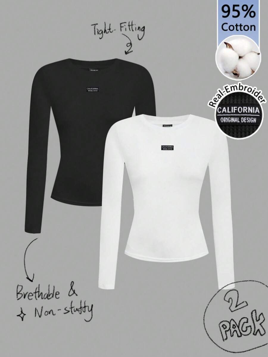 2pcs 95% Cotton Embroidered Letter Patch Casual Slim Fit Long Sleeve Crew Neck T-Shirt Set, Suitable For Autumn/Winter - Black and White - View 1
