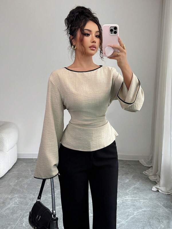 Siren Gaze Women's Round Neck Ruffle Cuff Flare Sleeve Pleated Fashion Blouse Winter