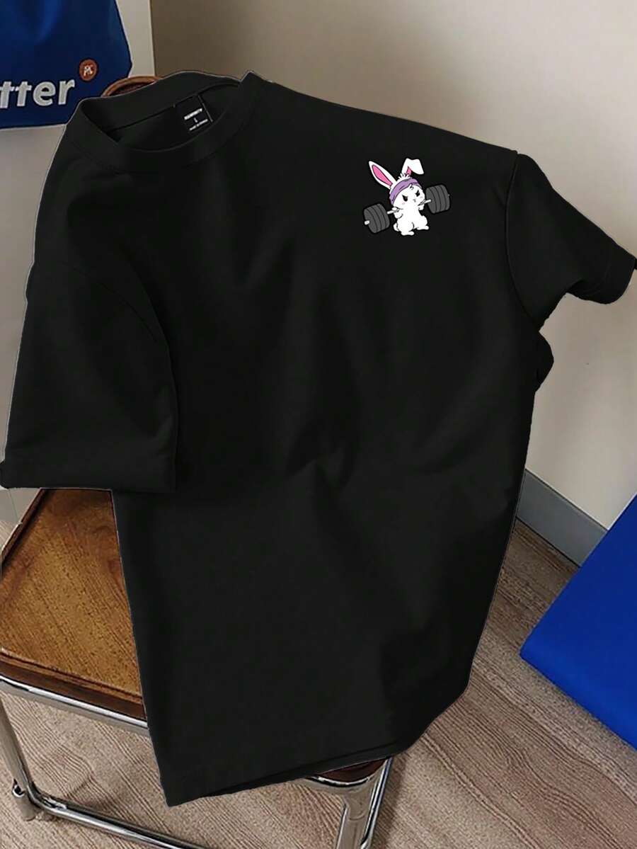 Claim Dot Classic Versatile Black Cartoon Bunny Fitness Print Short Sleeve T-Shirt, Unisex Casual Sports Round Neck Tee Japanese Tshirt - Black - View 1