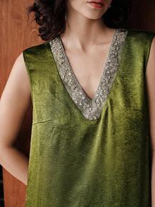 Uhlyne Minimalist V-Neck Ruffle Trim Sleeveless Top For Women, Office/Church/Teacher Wear - Apricot - View 1