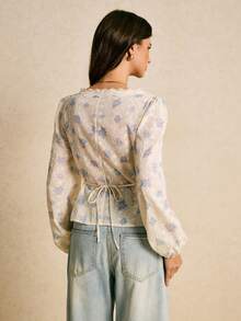 Poéselle 女式刺绣V领长袖单排扣时尚衬衫 - 藍色 - 查看 3