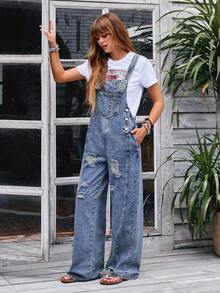 EMERY ROSE Women's Casual Washed Distressed Denim Bib Overalls - Blue - View 2