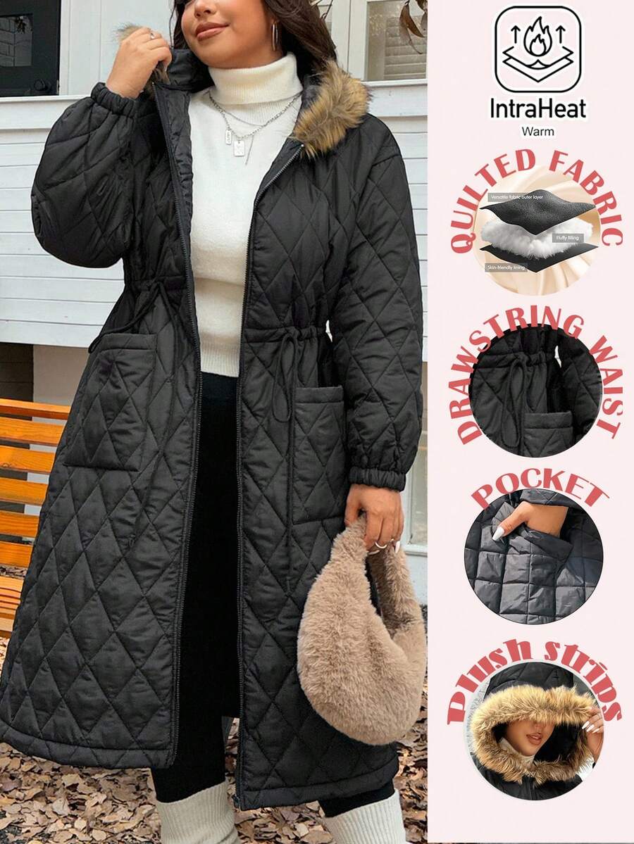 SHEIN EZwear Áo khoác dài chần bông dày cỡ lớn, mùa đông - màu đen - Xem 1