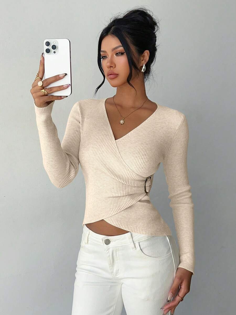 Elenzga Women's Elegant Fitted Criss-Cross Wrap Element Minimalist Classic Ribbed Texture Solid Color Sweater - Apricot - View 1