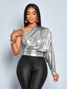 SOLERSUN " 女士单肩褶皱长袖衬衫，长袖上衣，适合派对上衣，音乐节上衣 " - 銀色 - 查看 8