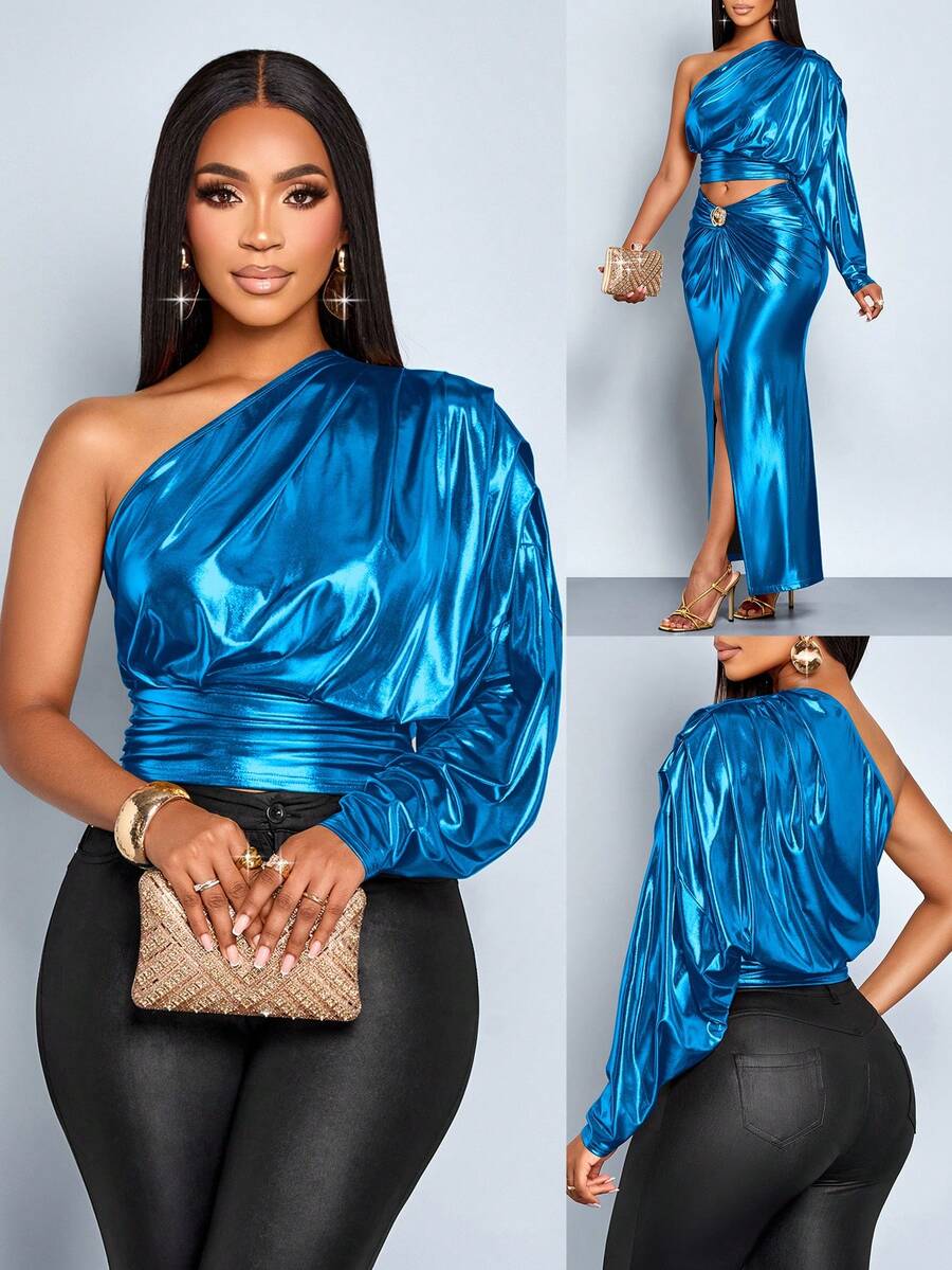 SOLERSUN "Áo sơ mi dài tay xếp ly một bên vai dành cho nữ, áo dài tay, thích hợp mặc dự tiệc, lễ hội âm nhạc" - Màu xanh ngọc - Xem 1