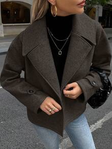 EMERY ROSE Women's Large Lapel Decorated Button Long Sleeve Woolen Coat - Coffee Brown - View 5