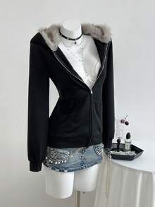 Elamini 1 件黑色刺绣仿毛领拉链连帽夹克，修身，长袖，休闲/校服，秋冬 - 黑色 - 查看 7