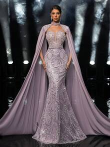 Glamrae 优雅奢华串珠亮片雪纺喇叭袖美人鱼长裙，适合婚礼、派对、度假、舞会、晚礼服 - 灰色 - 查看 2