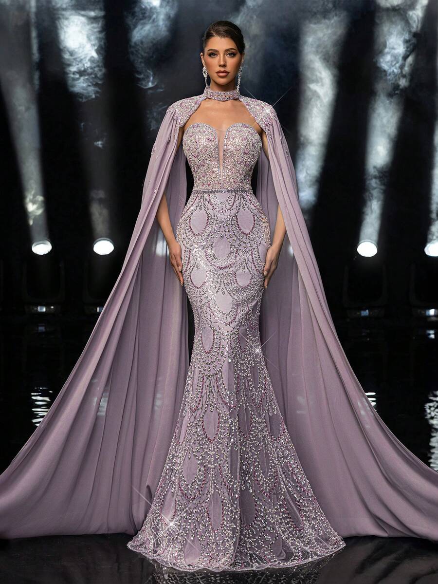 Glamrae 优雅奢华串珠亮片雪纺喇叭袖美人鱼长裙，适合婚礼、派对、度假、舞会、晚礼服