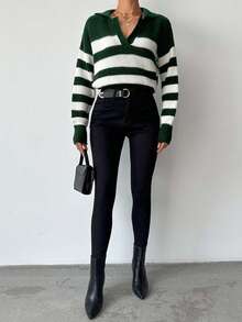 SHEIN Tall Ribbed Pattern Ribbed Knit Casual Long Sleeve Sweater, Tall Women - Green - View 4