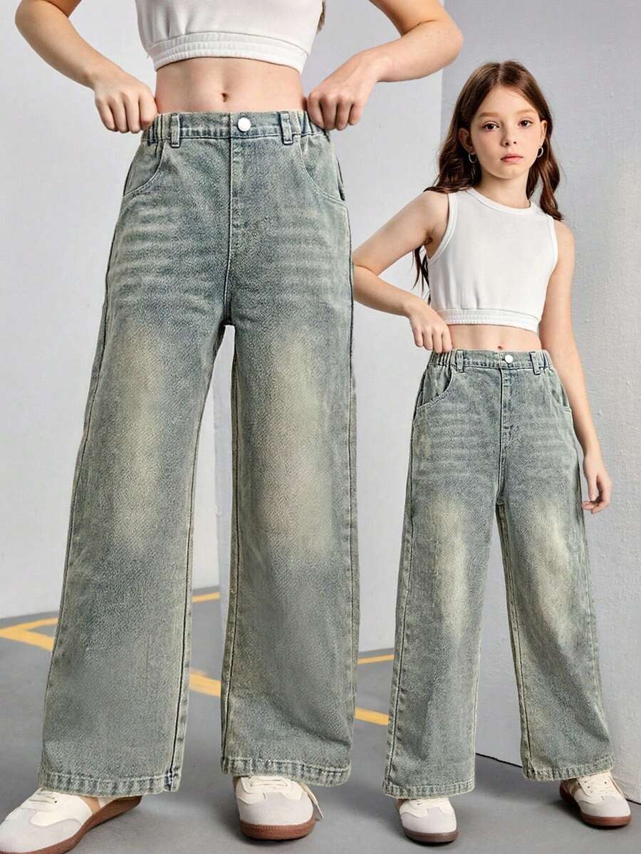 SHEIN Tween Girls Y2K 风格水洗蓝色宽松休闲牛仔裤，带有俏皮心形刺绣，适合日常穿着 - 淺色水洗藍 - 查看 1