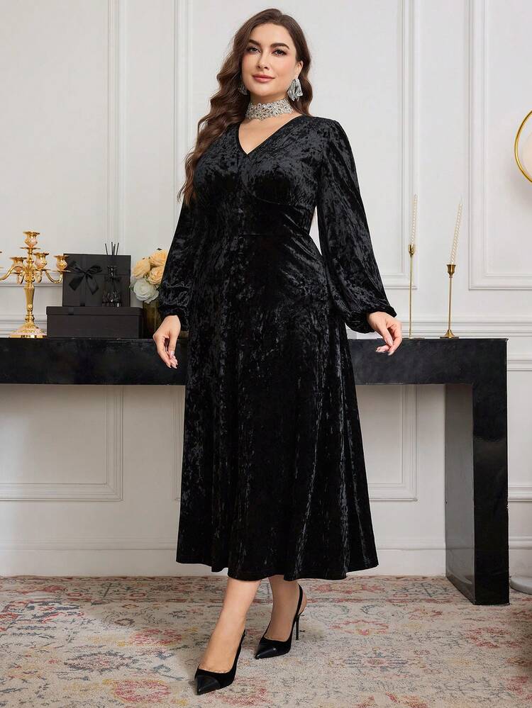 Modelyn Váy len dệt kim dáng chữ A dài tay nhung trơn màu cỡ lớn, thanh lịch, thường ngày, mùa thu/đông - màu đen - Xem 5