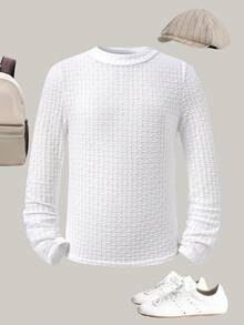 Joliand Joliand Camiseta de manga comprida com estampa de grade branca, estilo acadêmico elegante e casual para meninas adolescentes, 1 peça, adequada para passeios, festas, volta às aulas, outono/inverno - Branco - Ver 2