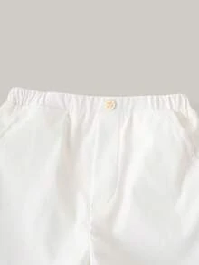 Conjunto de Terno Gentleman Joliand 2 Peças de Camisa de Colarinho Tecido de Mangas Curtas Decorada com Laço Branco e Xadrez Verde e Shorts Brancos para Bebê Menino, Adequado para Uso Casual Diário, Passeios, Festas, Reuniões, Verão e Outono - Multicolorido - Visão 3