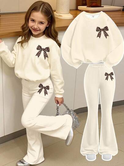 SHEIN 2pcs Young Girl Casual Loose Fit Leopard Print Bow Sweatshirt Set, Cream White, Suitable For Autumn/Winter Girls Sweater Sets Winter Young Girls Sets Tween Matching Set Knit Bow Clothes Kids Bow Pajamas Kids