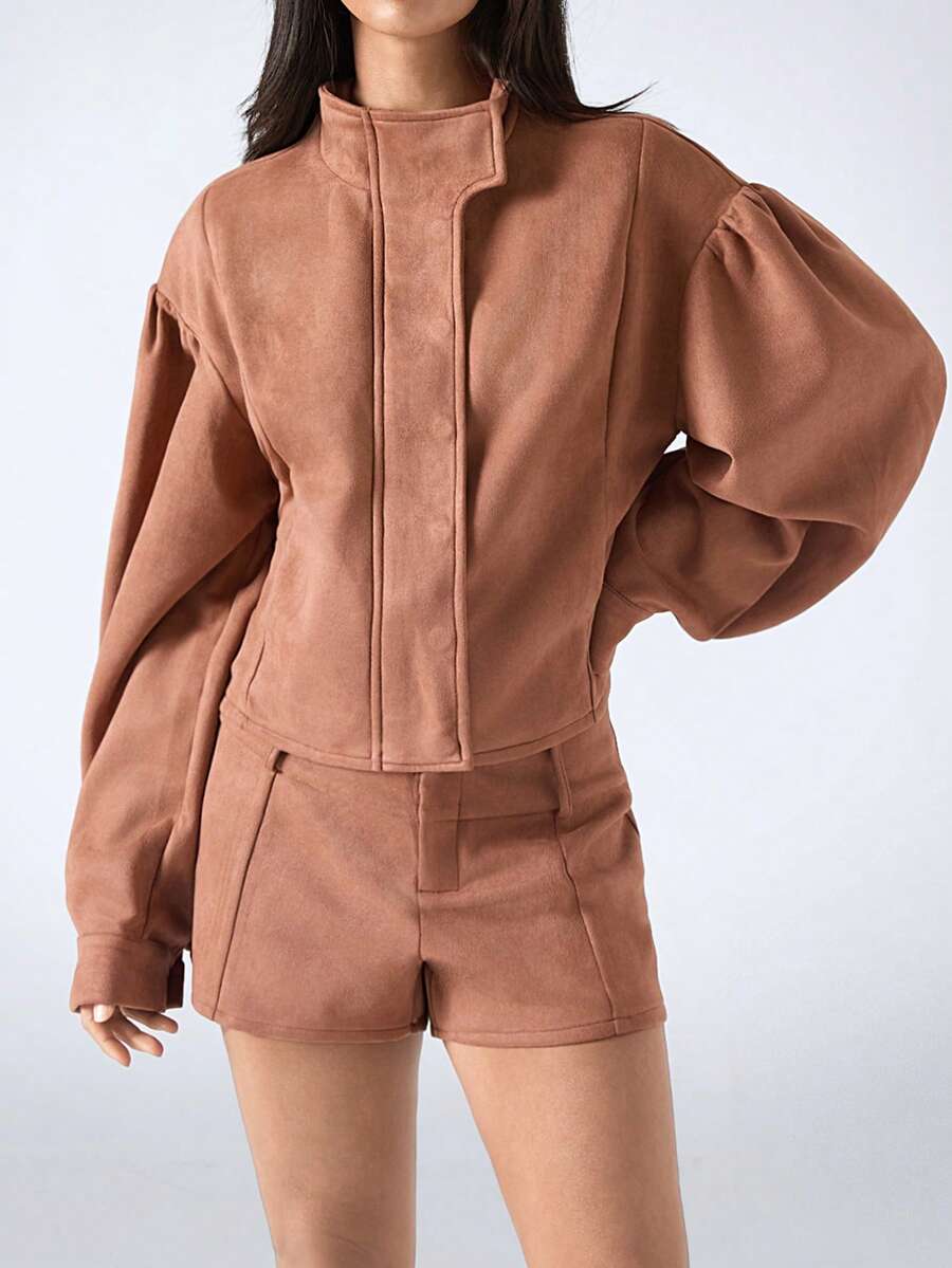 LYSMO Bộ 2 món áo khoác cổ đứng dài tay trễ vai màu trơn và quần short thường ngày cho nữ, mùa thu - Màu Tím - Xem 1