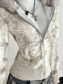 Elamini Women's Gray Patchwork Fur Collar Zip-Up Sweatshirt, Casual Pullover For Autumn/Winter, Suitable For Daily Wear, School, Graduation Ceremony, Retro Street, Commute, Leisure, Sports, Home - Light Grey - View 6