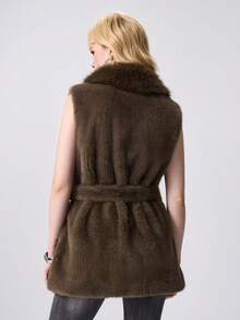 ROMWE EDITION Damen einfarbige Jacke mit geknoteter Taille, ärmellos, mit Kunstfell, Herbst/Winter - Grau - Übersicht 3