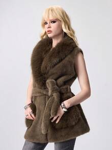 ROMWE EDITION Damen einfarbige Jacke mit geknoteter Taille, ärmellos, mit Kunstfell, Herbst/Winter - Grau - Übersicht 4